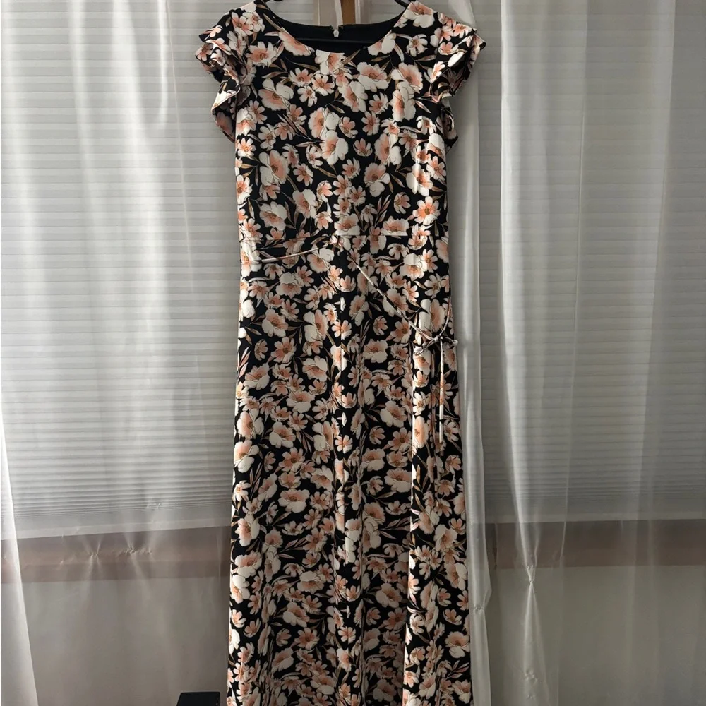 Tommy Hilfiger Black and Cream Flutter Sleeve Maxi Dress - Picture 1 of 3